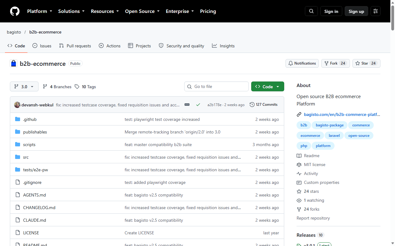 Bagisto B2B ecommerce repository page